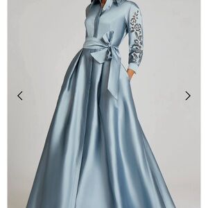 Rickie Freeman/Teri John Taffeta Shirtdress Gown With Eyelet Sleeve And Collar